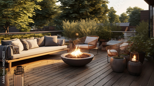 An outdoor deck equipped with a spacious gas fire