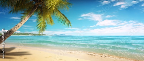 a beautiful stretch of beach with trees and coconut leaves next to it. generative AI