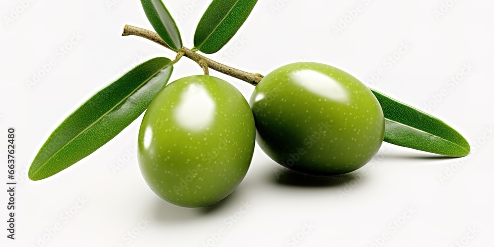 Close-up photo of olives with fresh, green leaves on a white background. Generative Ai