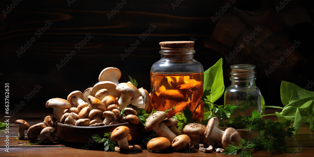 still life with a bottle of mushrooms, oil and parsley on a wooden table