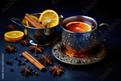 mulled wine with cinnamon, anise and lemon in ornate metallic mug on a table
