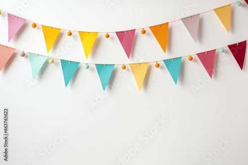 Colorful holiday flags in the form of a garland on the wall. The garland hangs in two rows. Congratulatory background with place for text. Holiday concept photo