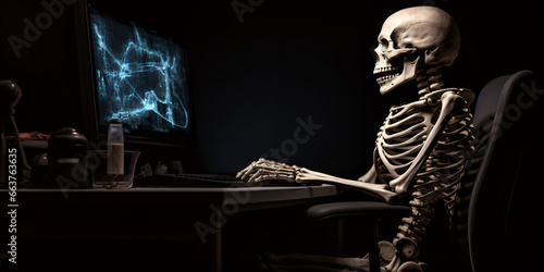 Human Skeleton Working With Laptop,Human skeleton at office