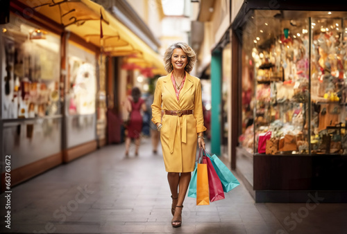 Beautiful elegant middle-aged lady on holiday, walking happily in the city center holding bags of her latest purchases.