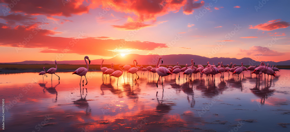 flamingos standing in shallow water at sunset with pink sky. - obrazy, fototapety, plakaty 
