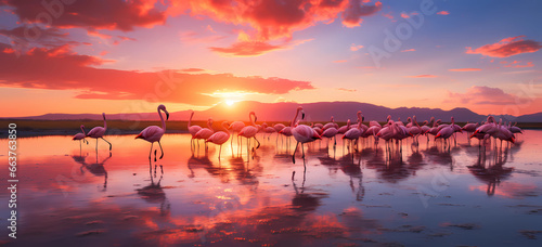 flamingos standing in shallow water at sunset with pink sky. photo