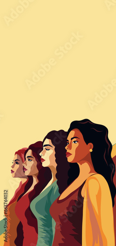 Vector flat vertical banner for International Women's Day, women of different cultures and nationalities. The concept of the movement for gender equality - empowerment of women