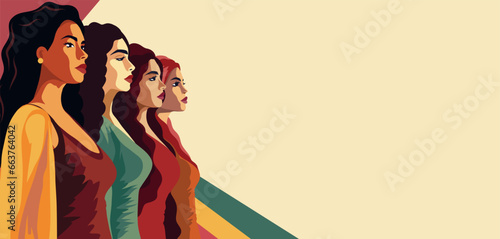 Vector flat horizontal banner for International Women's Day, women of different cultures and nationalities. Concept of the movement for gender equality and women's empowerment