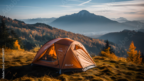 Highlight the thrill of camping at high altitudes, with a tent perched on a mountain peak, providing a bird's eye view of the world below. Great for adventure and mountaineering promotions.