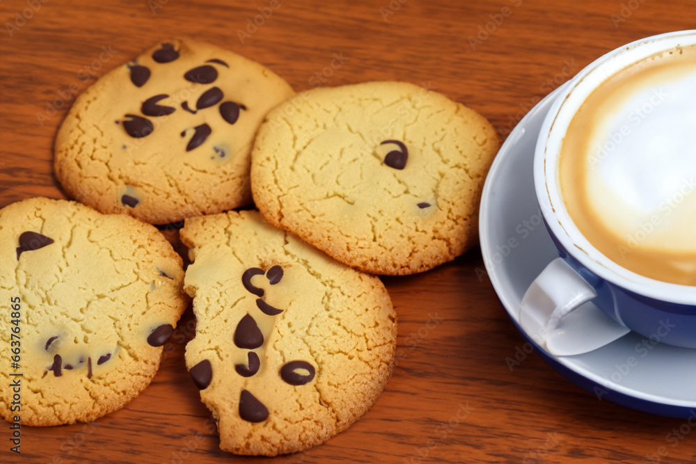 coffee with oatmeal cookies with chocolate pieces nearby. AI GENERATE coffee with oatmeal cookies with chocolate pieces nearby. AI GENERATE