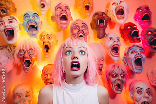girl screams in front of the wall of horror masks. concept of the toxic culture, stressful environment and social phobia photo