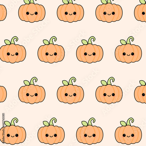 Halloween seamless pattern with cute pumpkin and kawaii graphics on plain background. Design for gift wrap, textile, fabric, decoration, wallpaper, scrapbook and packaging