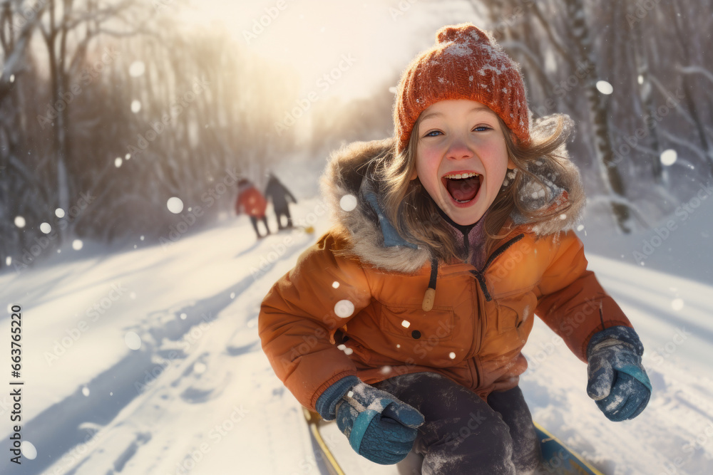 Fototapeta premium Happy child girl playing on a winter walk in nature, winter fun