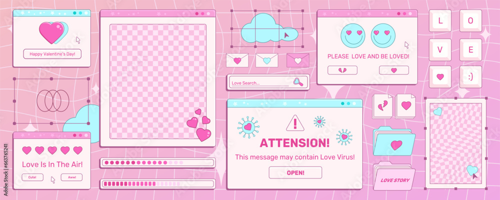 Set of screens of an old retro PC in the y2k style with greetings on a Valentine's Day holiday. Retro backgrounds, opened pc windows. Pink vintage computer interface with hearts and text, vector art. Set of screens of an old retro PC in the y2k style with greetings on a Valentine's Day holiday. Retro backgrounds, opened pc windows. Pink vintage computer interface with hearts and text, vector art.