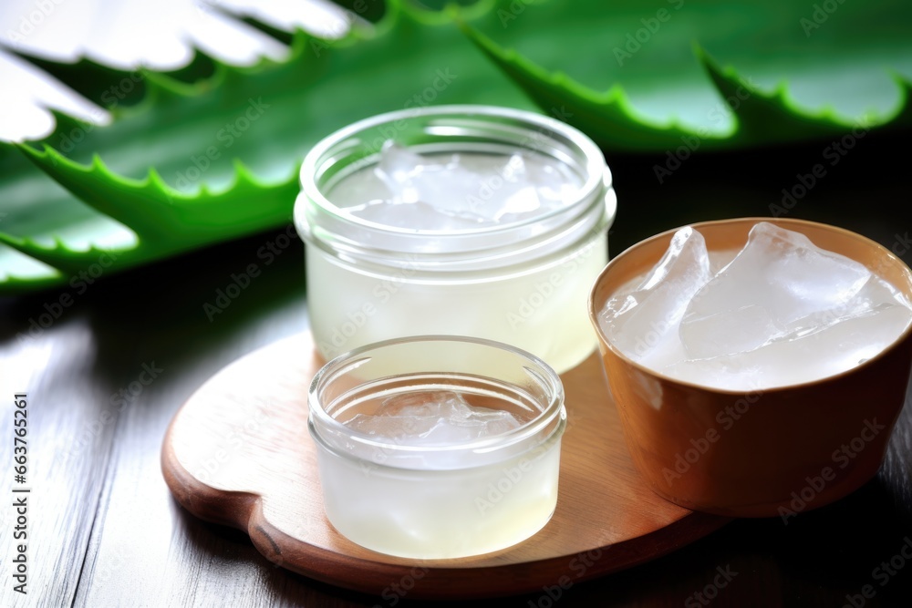 aloe vera plant cut open with skincare cream jars beside it aloe vera plant cut open with skincare cream jars beside it