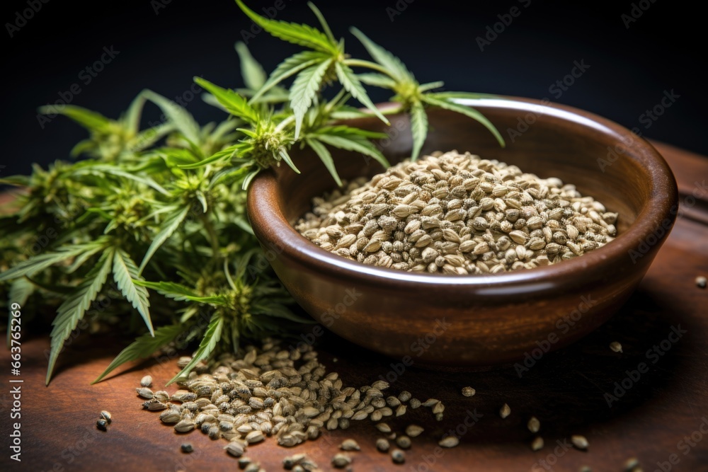 bowl of cannabis plant leaves and seeds bowl of cannabis plant leaves and seeds