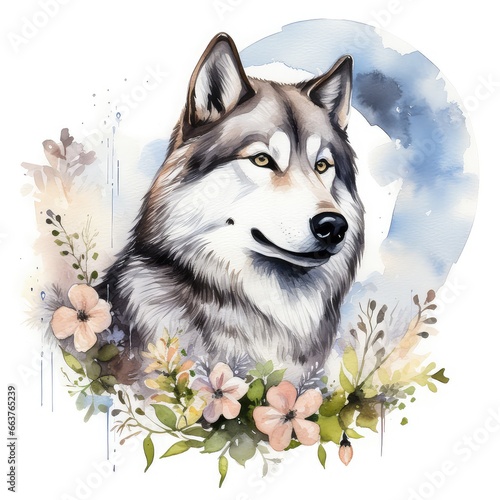 Alaskan Malamute dog with moon and flower