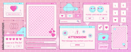Set of screens of an old retro PC in the y2k style with greetings on a Valentine's Day holiday. Retro backgrounds, opened pc windows. Pink vintage computer interface with hearts and text, vector art.