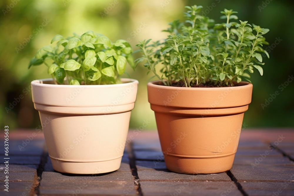 two plant pots separated from a group two plant pots separated from a group