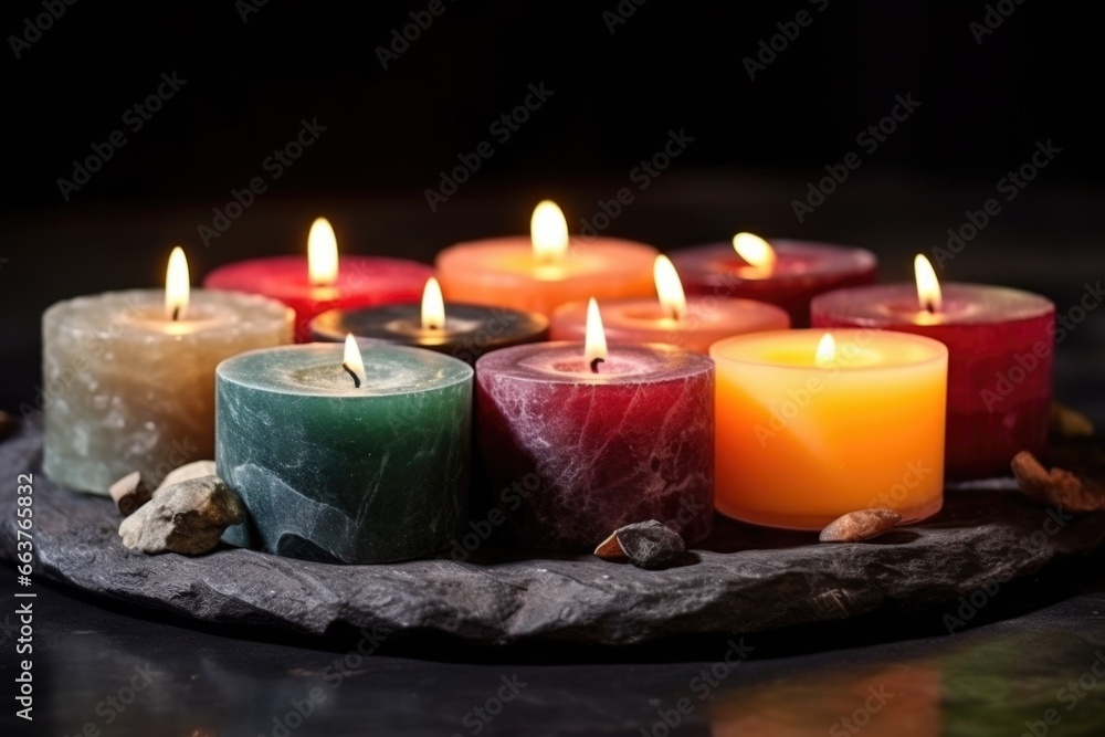 details of burning aromatic candles on a stone plate details of burning aromatic candles on a stone plate