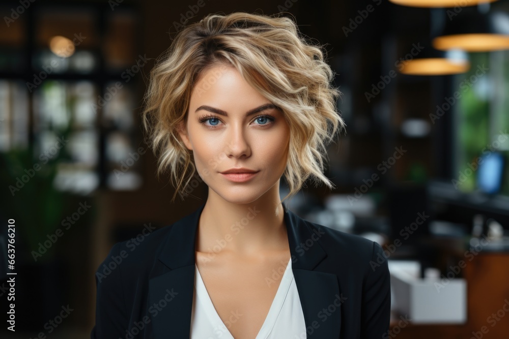 Portrait of blond European business woman in the office room