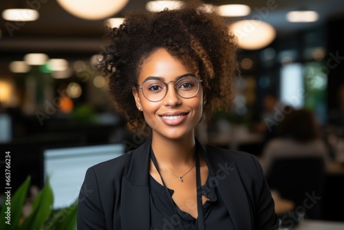 Portrait of young beautiful African business woman in glasses and black suit