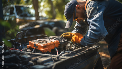 An electric battery is being serviced by a technician at the auto repair shop photo