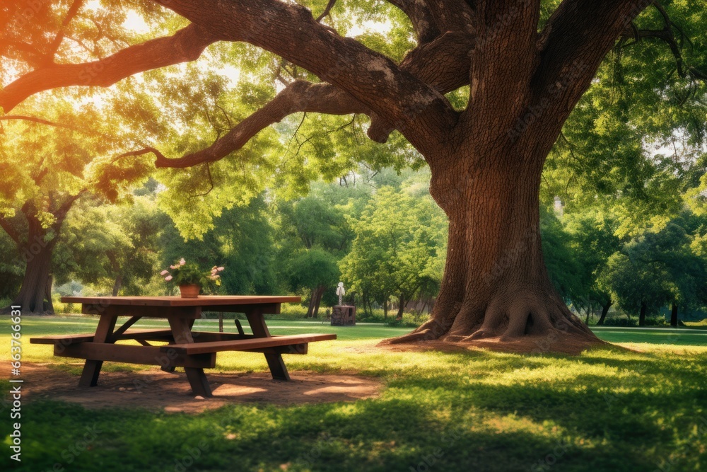 Photo of Wooden table picnic under big tree in park Photo of Wooden table picnic under big tree in park