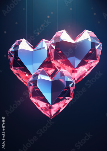 pink glass polygonal transparent hearts on a dark background, valentines day, card, love, romance, symbol, date, crystal, jewel, light, christmas decorations, figurines