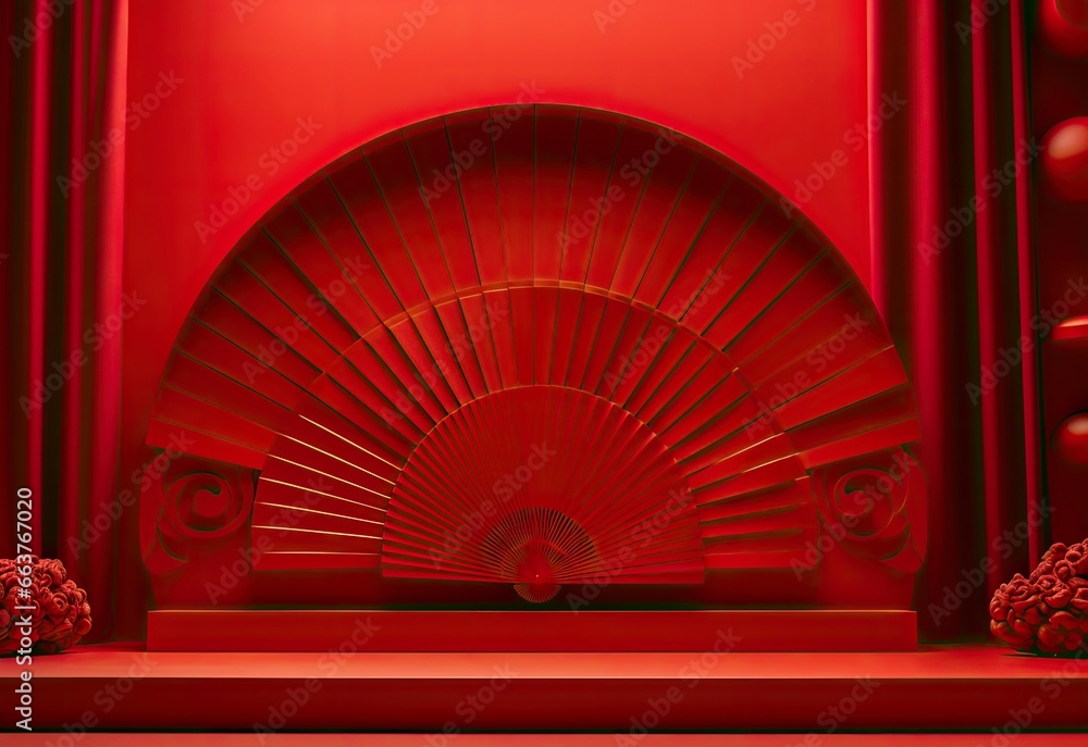 red lion fan in the style of oriental minimalism, vibrant stage backdrops