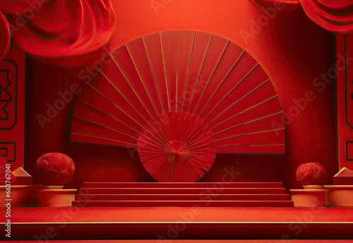 red lion fan in the style of oriental minimalism  vibrant stage backdrops