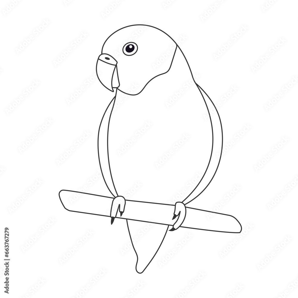Doodle love bird sitting on a branch. Flat little exotic tropical parrot. Vector illustration on white background. Coloring picture. Good for T-shirts, posters, book covers, banners Doodle love bird sitting on a branch. Flat little exotic tropical parrot. Vector illustration on white background. Coloring picture. Good for T-shirts, posters, book covers, banners