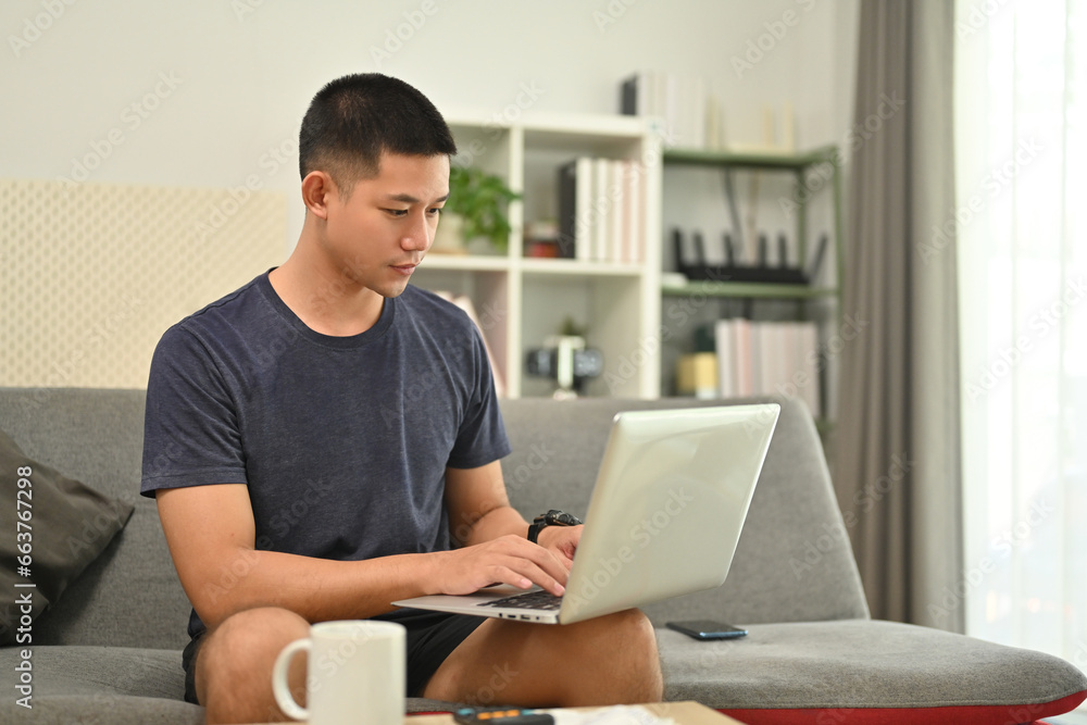 Handsome man freelancer in casual clothes using laptop on sofa at home Handsome man freelancer in casual clothes using laptop on sofa at home