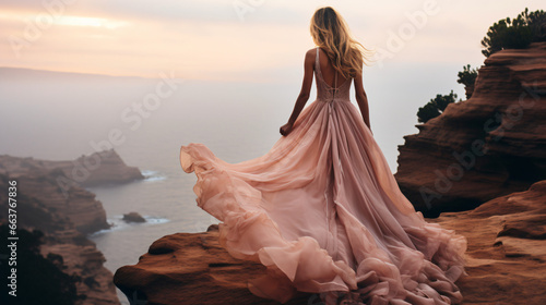 Backside of a woman in a light pink long dress stand