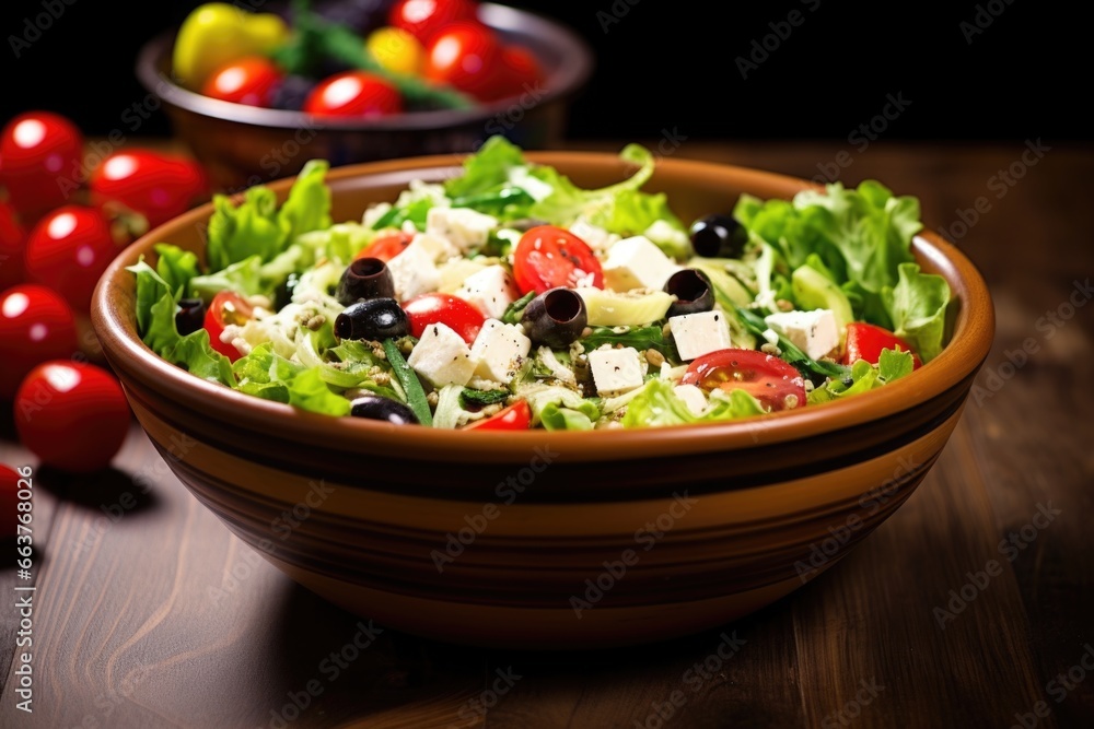 a vibrant salad bowl with lettuce, tomatoes, and olives a vibrant salad bowl with lettuce, tomatoes, and olives