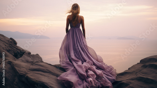 Backside of a woman in a light purple long dress