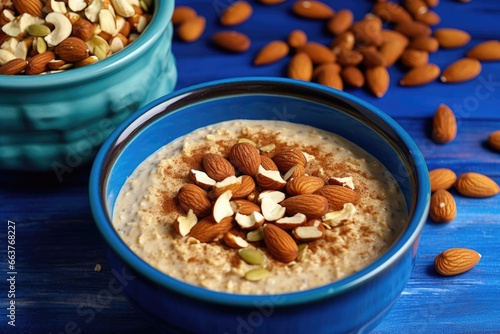 a blue bowl containing oatmeal with topped nuts