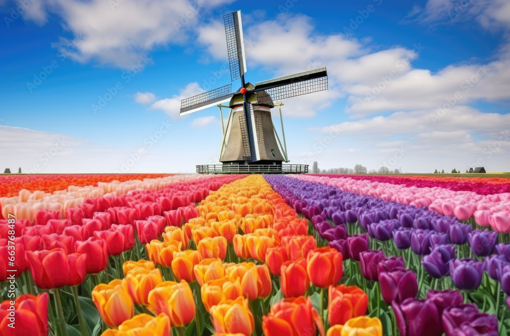 windmills with fields of colorful tulips