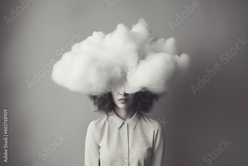woman with cloud over his head depicting solitude and depression, abstract concept of loneliness and anxiety, isolated on gray background photo