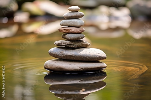 stones perfectly balanced on each other in a tranquil pond