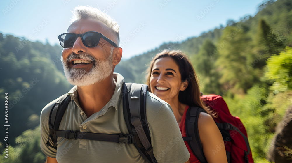 Happy senior hispanic couple hiking in a national park