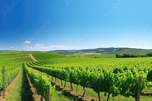 panorama of a green vineyard under a clear sky