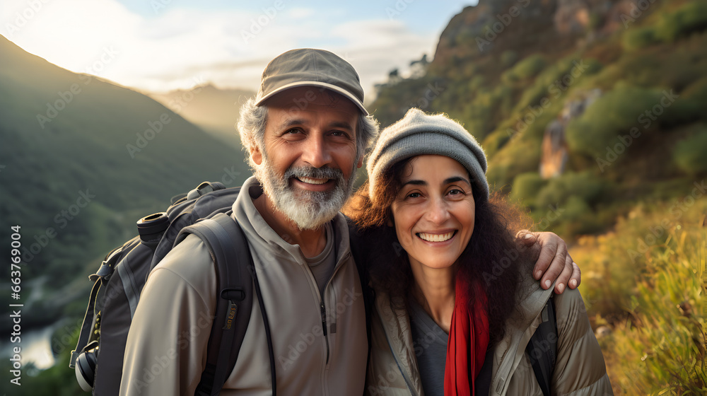 Happy senior white caucasian couple hiking in a national park