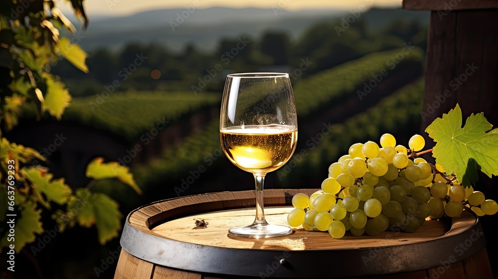 glass of white wine on wine bareel