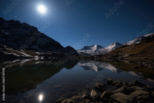 the moon and stars reflected in a clear mountain lake