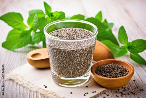 chia seeds soaked in a glass along with a sprig of mint