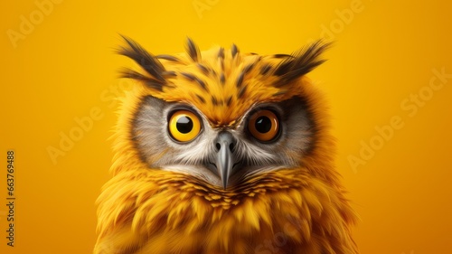 Majestic Owl Posing for Studio Portrait on Yellow Backdrop