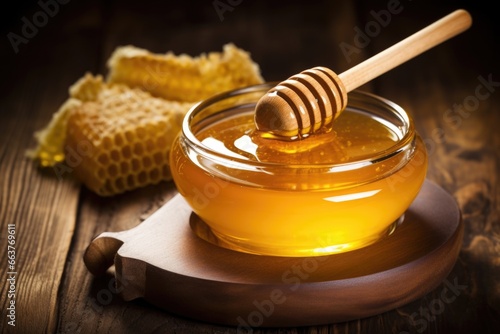 bowl of honey with wooden honey dipper