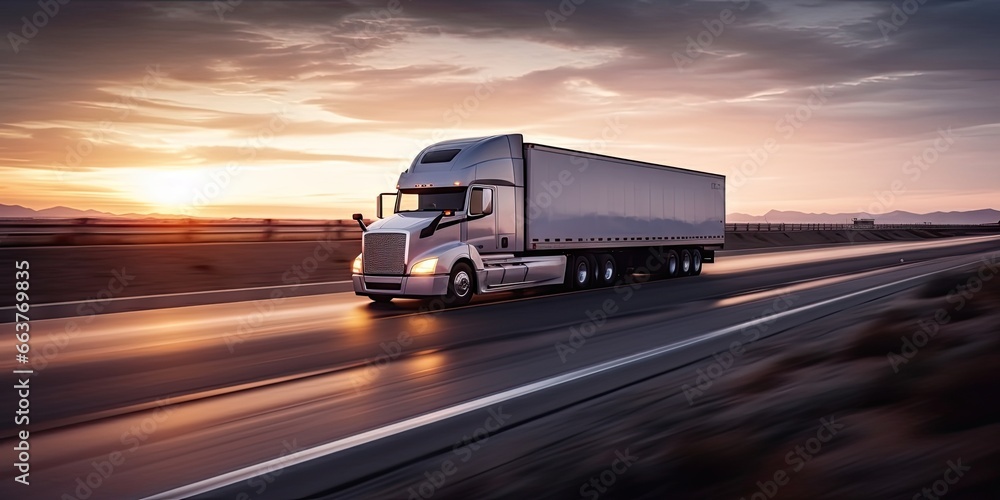 Sunset view. Long trucking on open road. Freight transportation at dusk. Semi truck on highway. Truckers at sunrise. Cargo shipping on interstate Sunset view. Long trucking on open road. Freight transportation at dusk. Semi truck on highway. Truckers at sunrise. Cargo shipping on interstate