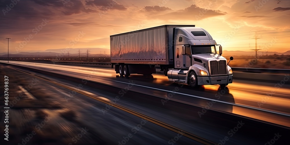 Sunset view. Long trucking on open road. Freight transportation at dusk. Semi truck on highway. Truckers at sunrise. Cargo shipping on interstate